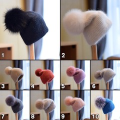 Winter Women Fox Fur Cap Warm Pompom Ball Knitted Hat Cashmere Cuffed Blend New