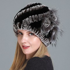 Women Real Rex Rabbit Fur Beanie Cap Winter Warm Hat with Fox Handmade Braided