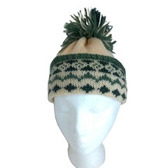 Vtg Fair Isle Knit Beanie Cream Forest Green Nordic Winter Hat Pom Pom Unbranded