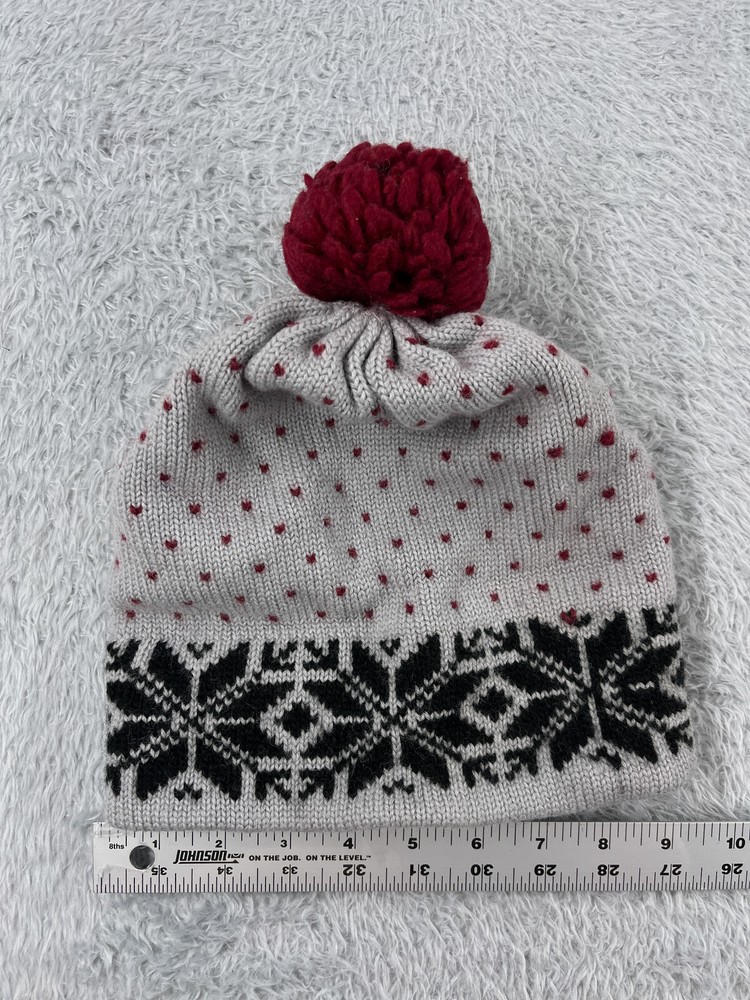 Beanie Toque Adult One Size Gray Red Fair Isle Knit 100% Wool Made USA Ski Pom