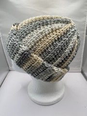 Handmade Crochet Beanie Hat Gray/Tan/White Colors Acrylic Yarn, Adult Size