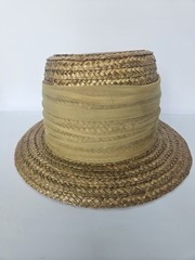 Happy Cappers Tan Solid Straw Silk Flower Top Hat Bucket Hat Cocktail Mod Hat MD