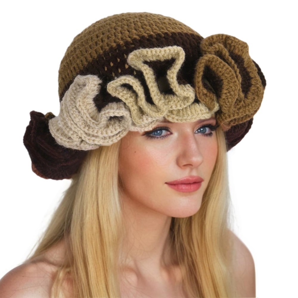 Women Crochet Bucket Hat Cute Winter Ruffled Brim Floppy Cap Handmade Knit Cl…