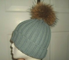 Gray Ribknit Beanie Hat Cap with Genuine Fox Fur PomPom Ski Snowboard USA SELLER