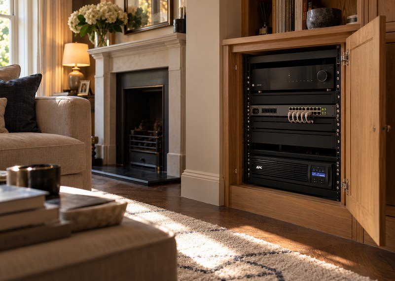 Family-room joinery opened to show an Arcam amplifier, a network switch and an APC Smart-UPS in a small rack