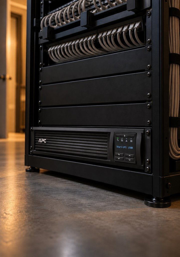 APC Smart-UPS at the base of a tidy network rack in a plant room