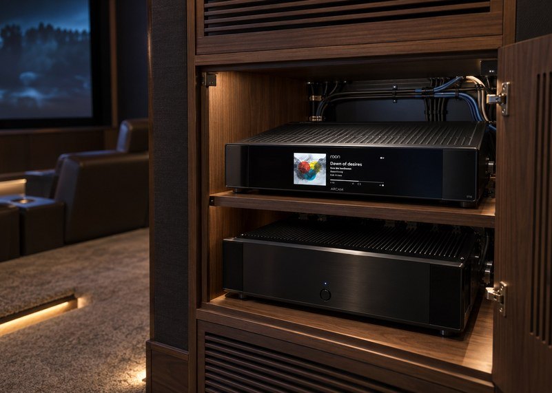 Arcam AV processor in a cinema equipment cabinet