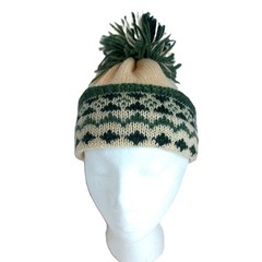 Vtg Fair Isle Knit Beanie Cream Forest Green Nordic Winter Hat Pom Pom Unbranded