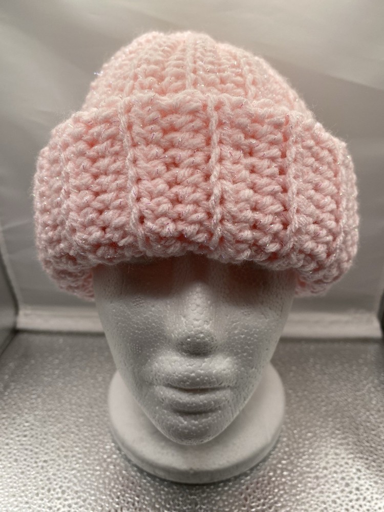 Handmade Crochet Beanie Pink Color Metallic Acrylic Yarn, Unisex Adult Size.