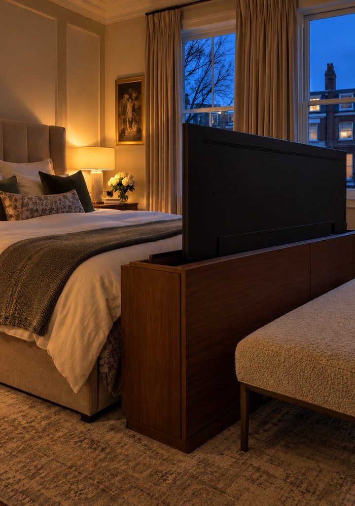 Bedroom in the evening with a TV risen from a walnut lift cabinet at the foot of the bed, facing the bed