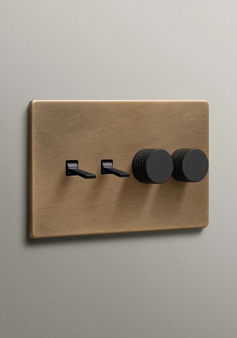 Brass plate with two toggle switches and two dimmers