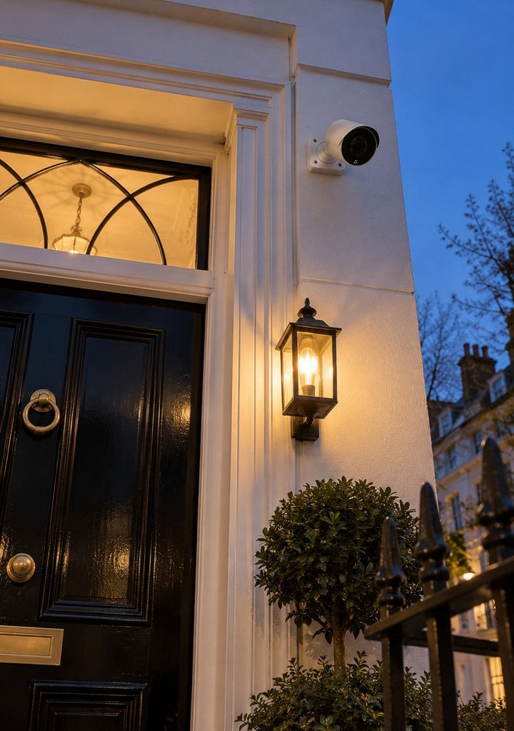 Bullet security camera on the wall beside a black front door at dusk, aimed at the steps