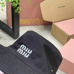 Miu Miu Black Cotton Bucket Hat White Raised Logo Embroidery