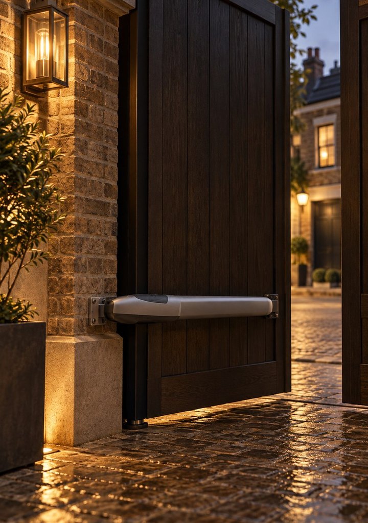 CAME AXO swing-gate operator fitted to an oak driveway gate in a London mews at dusk