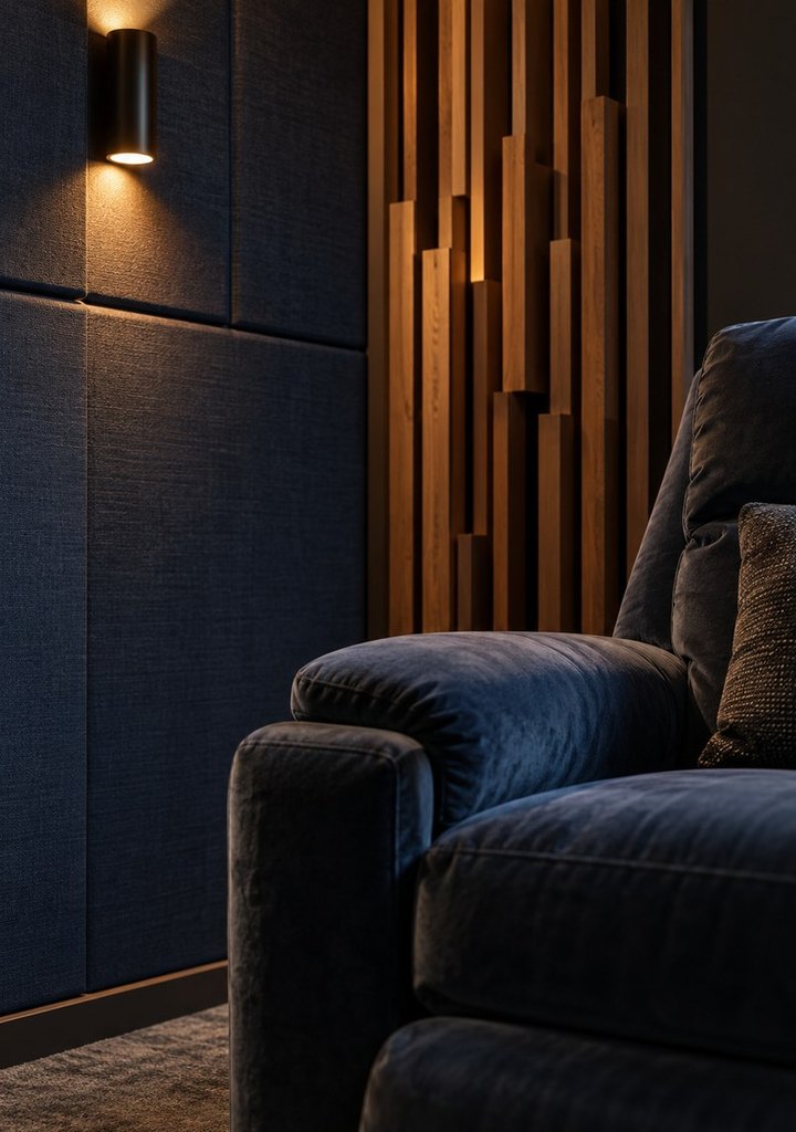 Fabric acoustic panels and a timber diffuser beside a cinema recliner