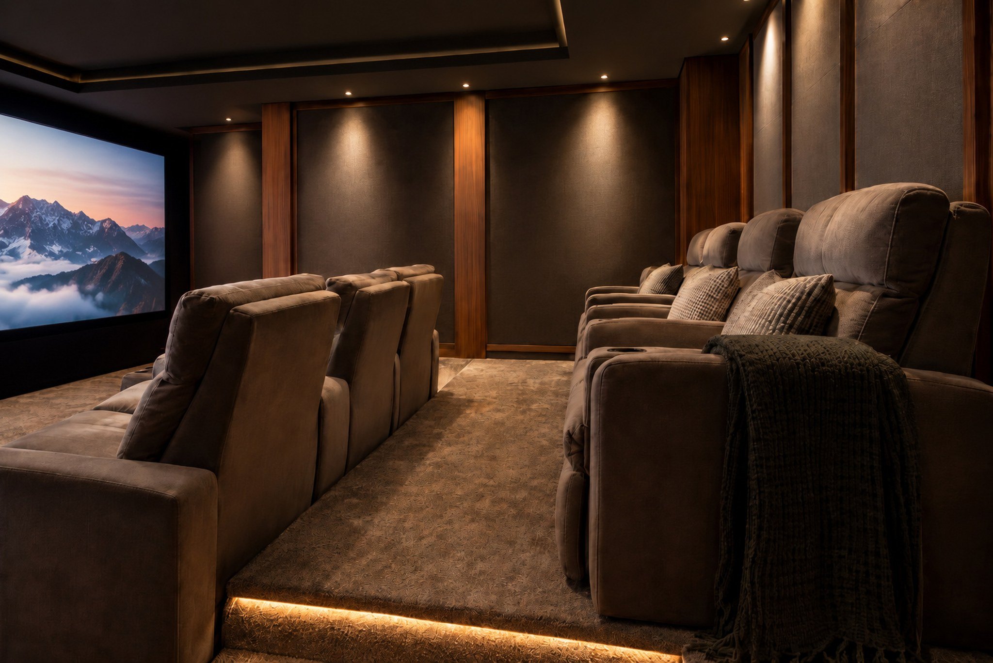 Private cinema with rows of recliners facing a screen that fills the front wall