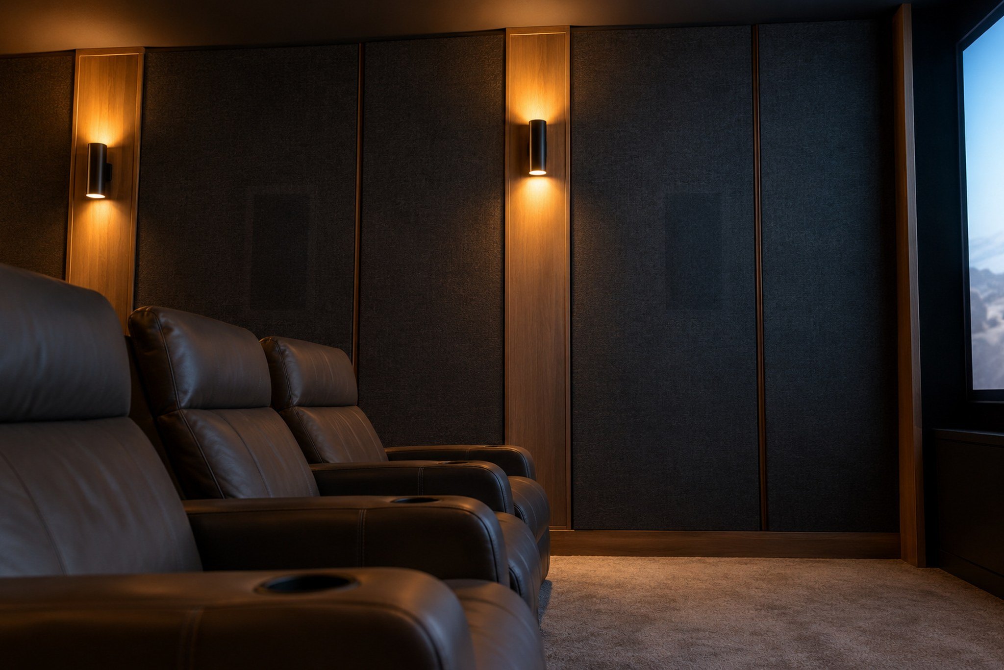 Cinema side wall with acoustic fabric over the surround speakers