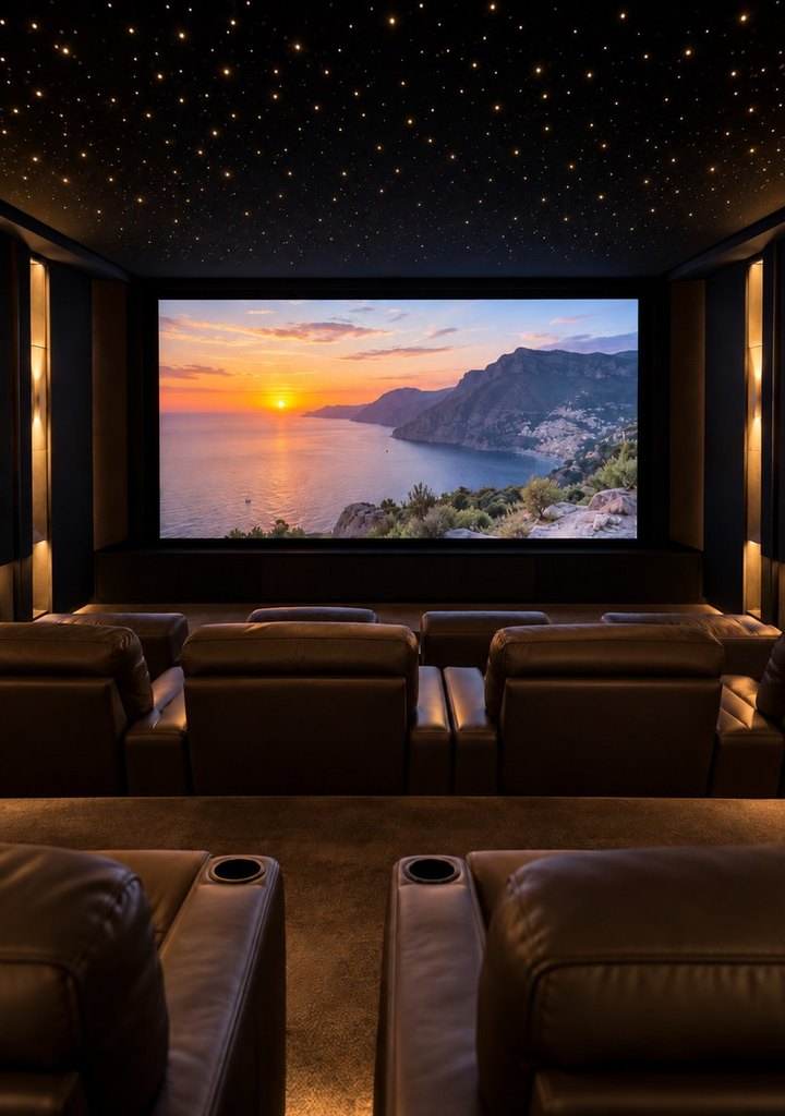 Private cinema from the back row, a fibre-optic star ceiling over rows of recliners facing the screen
