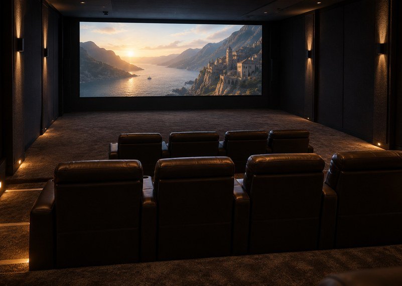 Private cinema seen from behind the back row, two rows of recliners facing a wall-wide screen
