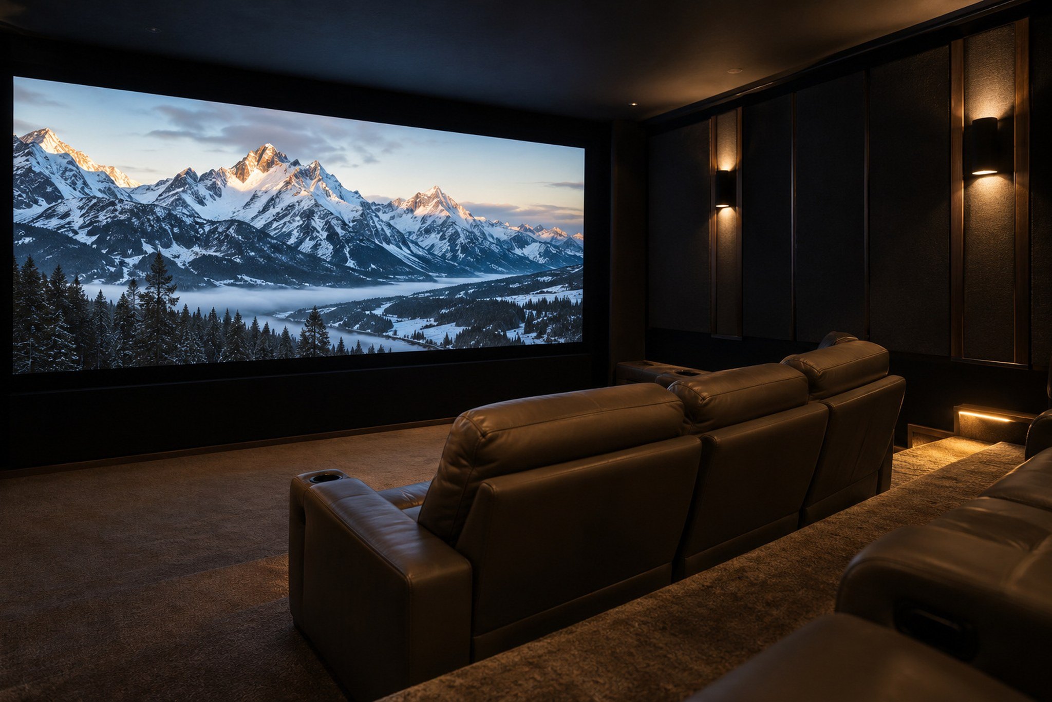 Private cinema seen from the second row, a wall-wide screen and recliners set well back