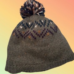 Pistil Visby Pom Beanie Hat Womens Brown Knit Fair Isle Tweed Flecks Mountain