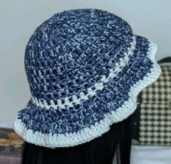 Handmade Crochet Ruffle Floppy Bucket Hat Denim White Accent Yarn JellyBeanies🧢