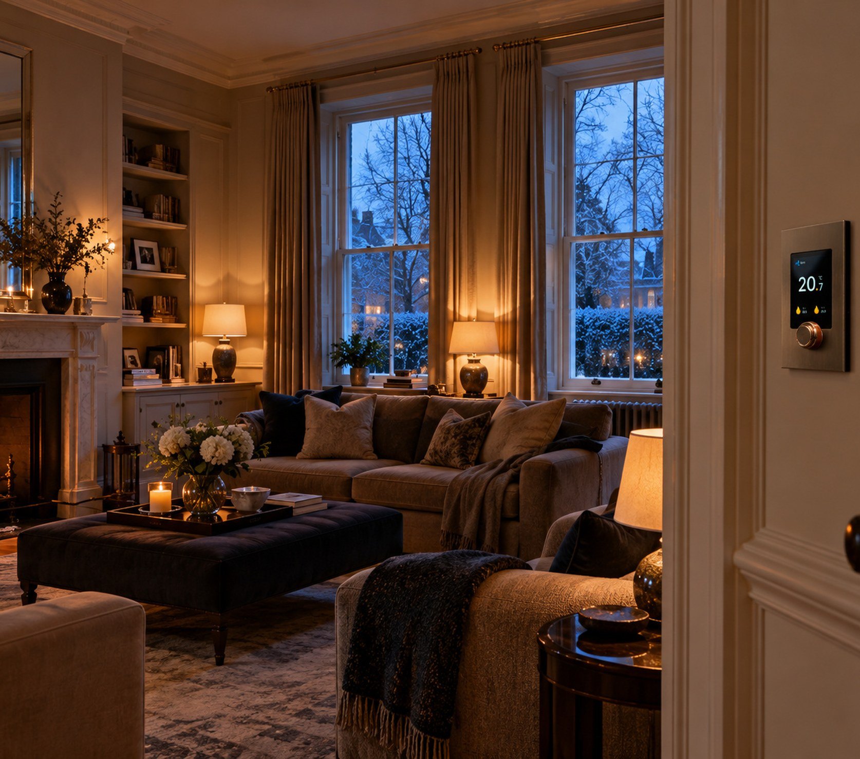 Drawing room on a winter evening with the fire lit and a Polar Bear Design thermostat by the door