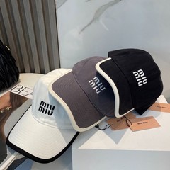Miu Miu Dusty Grey Cap White Piping Double White Embroidery Logo Women Neutral