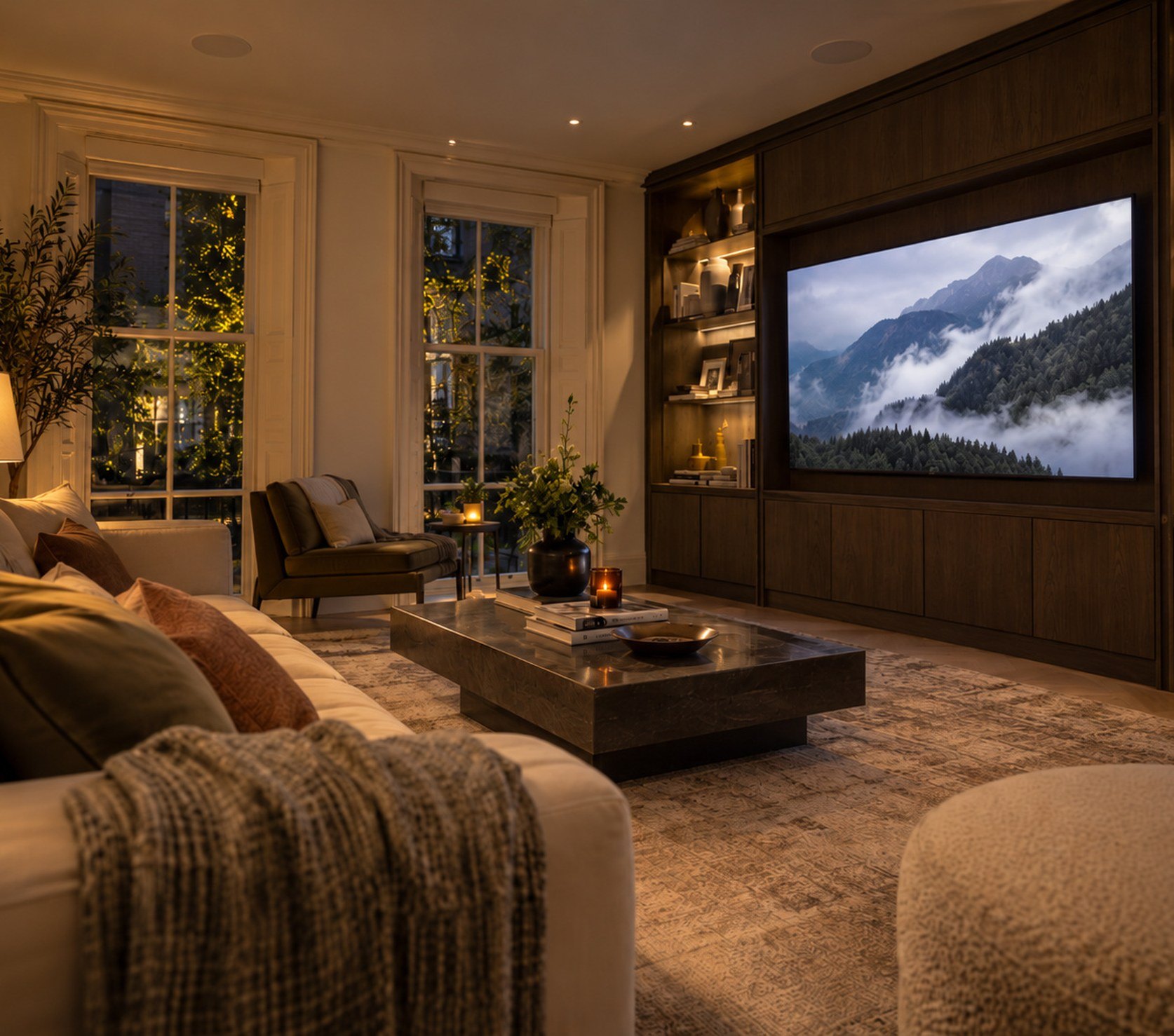 Family room with a TV flush in dark oak joinery and flush ceiling speakers