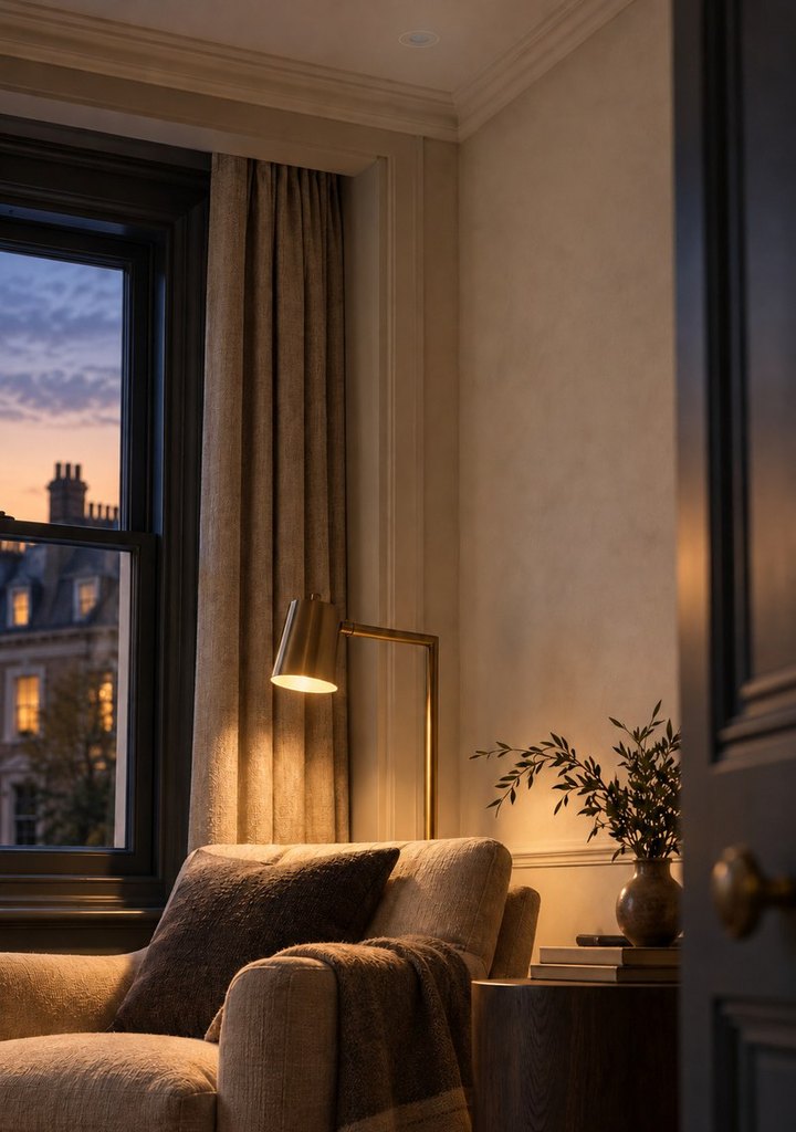 Reading corner at dusk with a Faradite presence sensor set flush in the ceiling