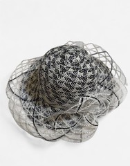 Black White Herringbone Straw Hat Net Veil Bow Vintage Style 12” Wide Imported
