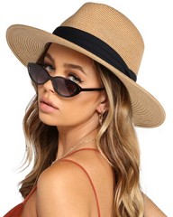 Womens Mens Wide Brim Straw Panama Hat Fedora Summer Beach Sun Hats UPF Straw…