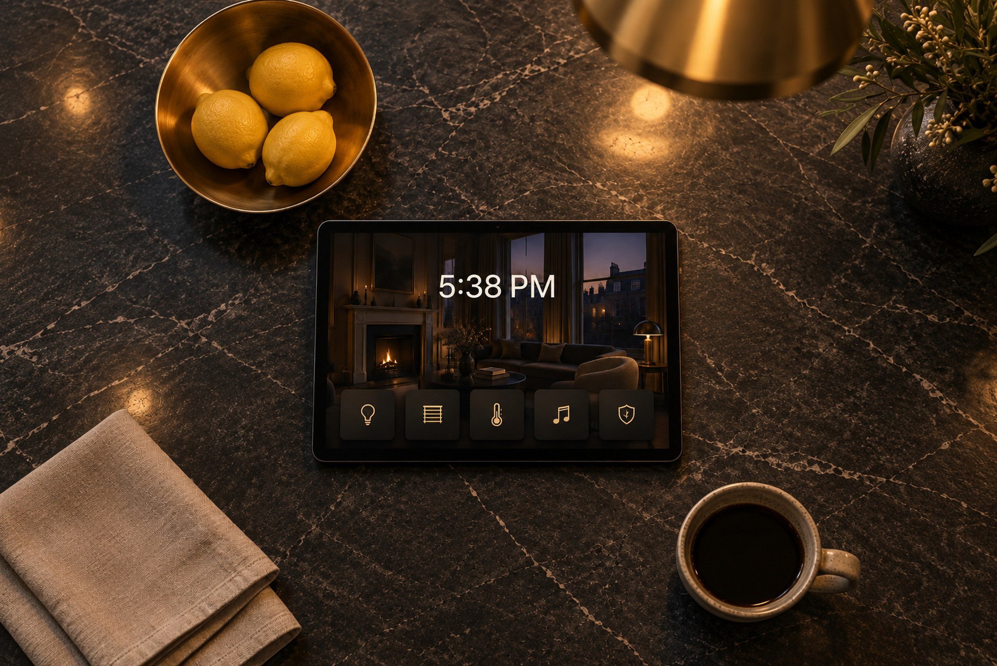 Tablet on a dark limestone kitchen island showing a home control app