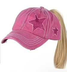 Hot Pink STAR Baseball Cap Distressed Denim Hat Ponytail back US Seller