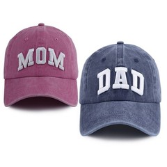2pcs Mom & Dad Matching Baseball Cap Set Vintage Washed Parent Gift Navy & Pink