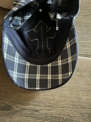 Distressed Blue Plaid Baseball Cap Trendy Silver Stud Cross Adjustable Hat Women