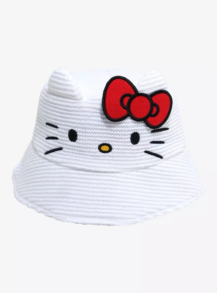 Sanrio Hello Kitty 3D Ears w/ Red Bow White Knit Lined Bucket Hat Licensed – NWT