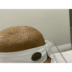 Rio Verde Woven Straw Cloche Hat Tan White Band Bow Sun Hat Womens Vintage Style