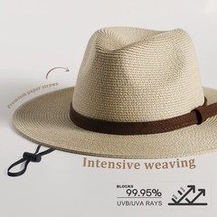 Womens Mens Wide Brim Straw Panama Hat Fedora Summer Beach Sun Hats UPF Straw…