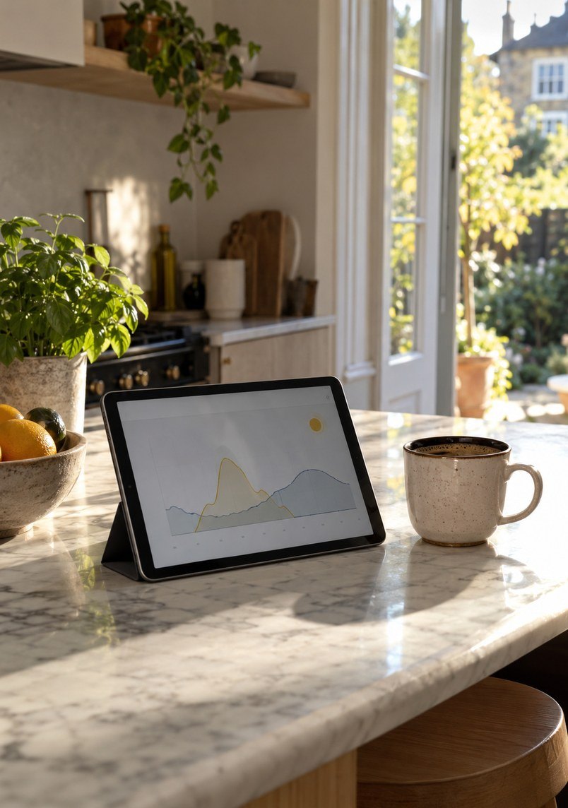 Kitchen tablet showing the day's energy use and solar generation