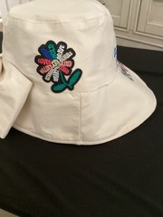 Women’s Ivory Cotton Canvas Bucket Hat Aquarius Zodiac Embroidered Bow One Size