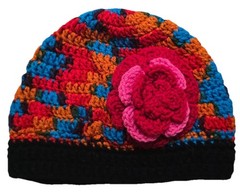 Beanie Crochet Handmade Flower Hat Women’s Orange Blue Multi Knit One Size NEW