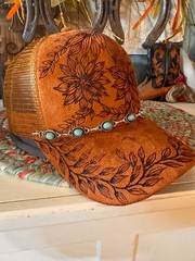 Sunflower Vine Western Trucker Hat – Hand Burned Floral Snapback, Rustic Cowgirl