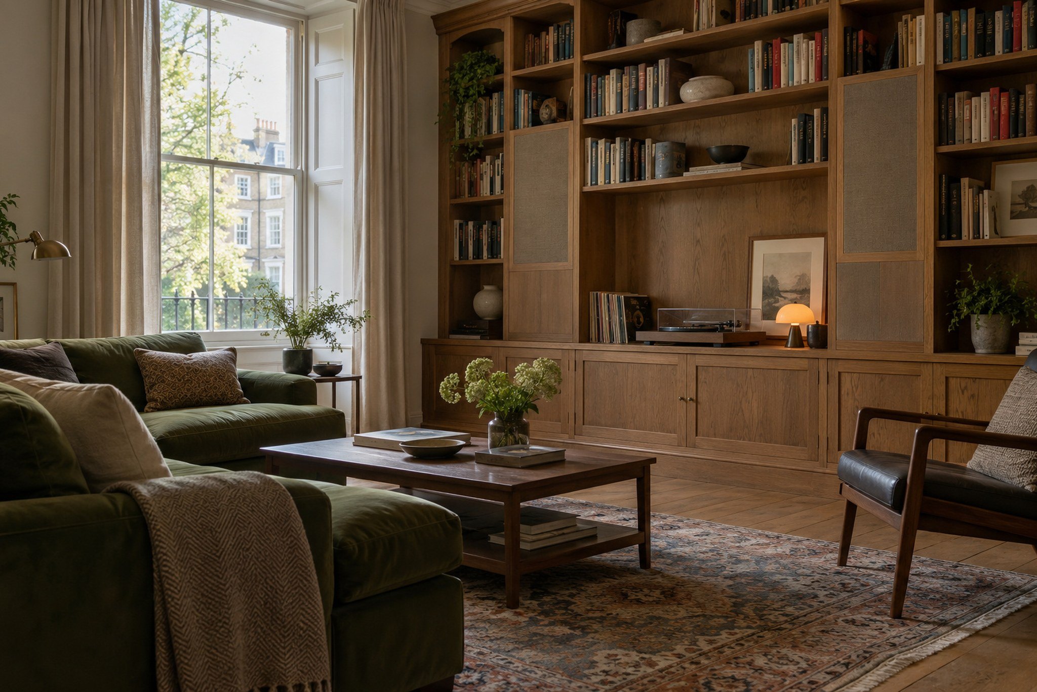 Library with speakers built into the oak joinery