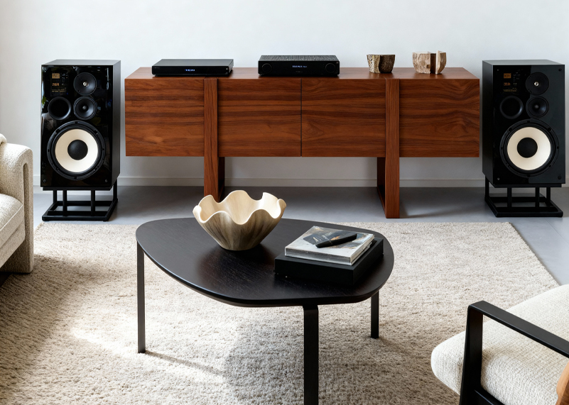 Living room with speakers on stands either side of a walnut sideboard