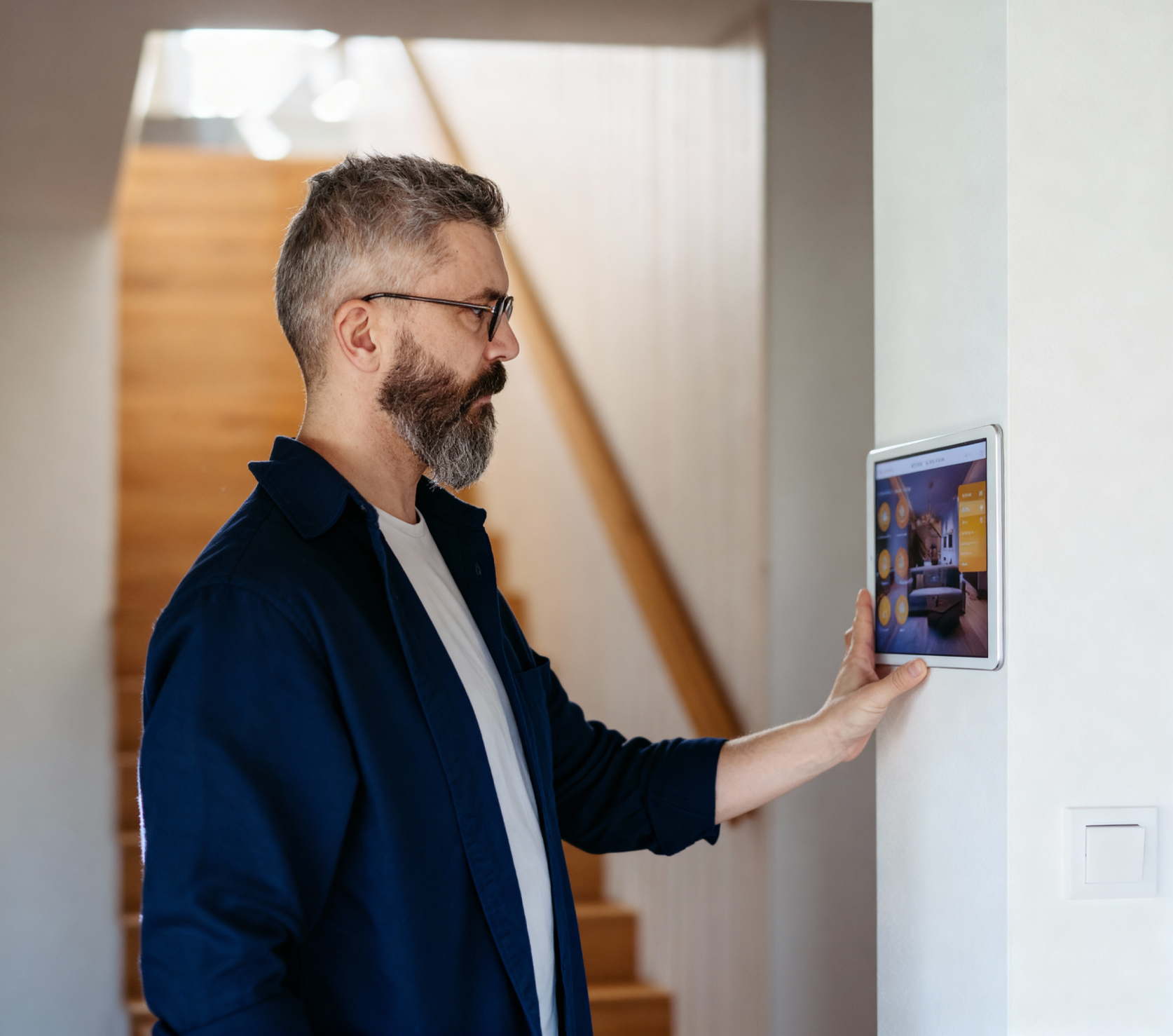 Man using a tablet in a wall dock at the foot of a staircase