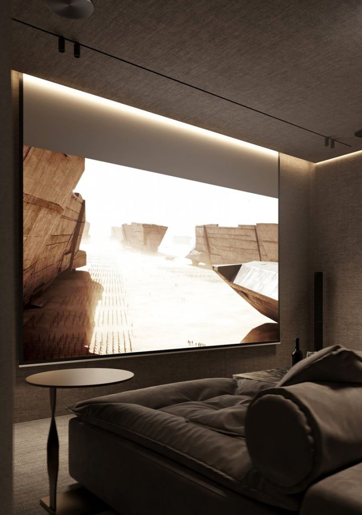 Media room with a projected desert scene and a daybed