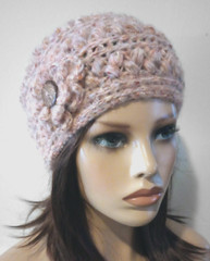 crochet womans handmade flower hat beanie wool blend blush pink puffs