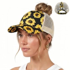 Womens Ponytail High Messy Bun Hats Distressed Baseball 01-sunflower Pattern