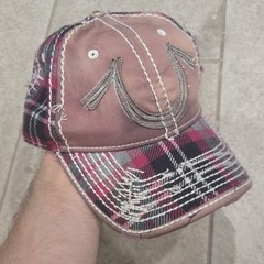 True Religion Rare Distressed Hat Pink Plaid Unisex Snapback